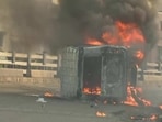 Three police vehicles were ransacked while one of them was torched in Kolkata.