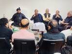 Opposition MPs wear black to protest Congress leader Rahul Gandhi's disqualification and attend a meeting at Leader of Opposition Mallikarjun Kharge's chamber in Parliament House in New Delhi, Monday, March 27, 2023.