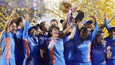 Mumbai Indians skipper Harmanpreet Kaur along with teammates celebrate with the Womens Premier League 2023 (WPL/Twitter) Mumbai Indians skipper Harmanpreet Kaur along with teammates celebrate with the Womens Premier League 2023 (WPL/Twitter)