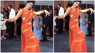 Mumtaz in Brahmachari: Mumtaz's unique saree drape in the famous song 'Aj kal tere mere pyaar ke cherche' inspired the saree gown that is taking over the fashion industry today. (Pinterest) Mumtaz in Brahmachari: Mumtaz's unique saree drape in the famous song 'Aj kal tere mere pyaar ke cherche' inspired the saree gown that is taking over the fashion industry today. (Pinterest)