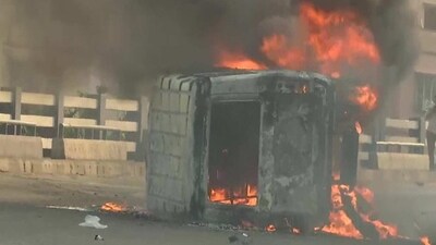Three police vehicles were ransacked while one of them was torched in Kolkata. (Twitter/ANI) Three police vehicles were ransacked while one of them was torched in Kolkata. (Twitter/ANI)