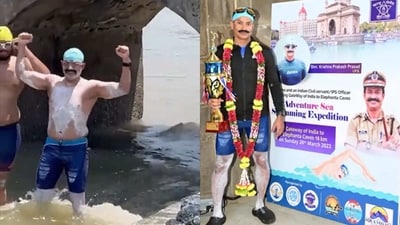 IPS Krishna Prakash posing for the camera after swimming from Gateway of India to Elephanta Caves. (Twitter/@Krishnapips) IPS Krishna Prakash posing for the camera after swimming from Gateway of India to Elephanta Caves. (Twitter/@Krishnapips)