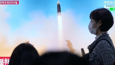 A TV screen shows a file image of North Korea's missile launch during a news program at the Seoul Railway Station in Seoul, South Korea, (AP) A TV screen shows a file image of North Korea's missile launch during a news program at the Seoul Railway Station in Seoul, South Korea, (AP)