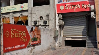 The Surya Spa centre on Dugri Road in Ludhiana on Monday. Six women were also held, but were released later. (Gurpreet Singh/HT) The Surya Spa centre on Dugri Road in Ludhiana on Monday. Six women were also held, but were released later. (Gurpreet Singh/HT)
