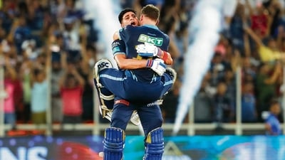 Shubman Gill and David Miller of Gujarat Titans celebrate win during the final of the TATA Indian Premier League 2022. (Saikat Das / Sportzpics for IPL) Shubman Gill and David Miller of Gujarat Titans celebrate win during the final of the TATA Indian Premier League 2022. (Saikat Das / Sportzpics for IPL)