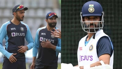 Axar Patel with Ravindra Jadeja; Ajinkya Rahane Axar Patel with Ravindra Jadeja; Ajinkya Rahane