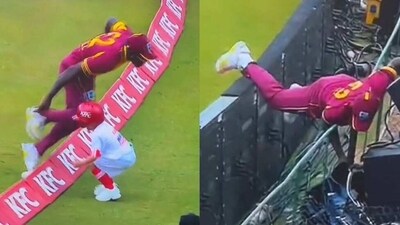 Rovman Powell had to attempt a spiderman-like dive to prevent hurting two kids near the boundary ropes. (Twitter) Rovman Powell had to attempt a spiderman-like dive to prevent hurting two kids near the boundary ropes. (Twitter)