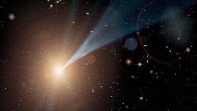 A supermassive blackhole with a jet streaming outward at nearly the speed of light. (Representative image/ Royal Astronomical Society) A supermassive blackhole with a jet streaming outward at nearly the speed of light. (Representative image/ Royal Astronomical Society)