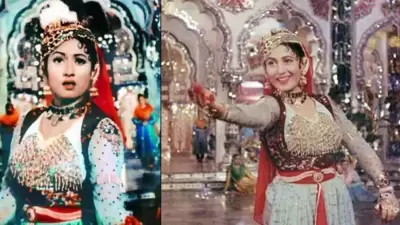 Madhubala in Mughal-E-Azam: Madhubala's red and blue embellished costume in the song 'Pyar Kiya To Darna Kiya' became a trend. That outfit is now called an anarkali salwar kameez and is still very trendy. (Pinterest) Madhubala in Mughal-E-Azam: Madhubala's red and blue embellished costume in the song 'Pyar Kiya To Darna Kiya' became a trend. That outfit is now called an anarkali salwar kameez and is still very trendy. (Pinterest)