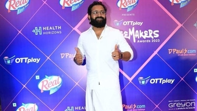 Rishab Shetty, who delivered the Kannada blockbuster last year won the Gamechanger of the Year. He arrived at the OTTPlay ChangeMakers Awards in a white shirt and mundu. (Varinder Chawla) 
