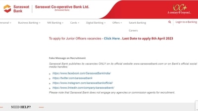 Saraswat Bank Recruitment 2023: Apply for 150 Junior Officers posts till April 8 Saraswat Bank Recruitment 2023: Apply for 150 Junior Officers posts till April 8