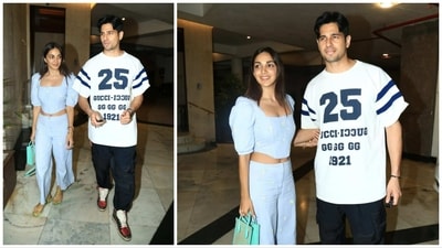 Kiara Advani and Sidharth Malhotra pose outside Manish Malhotra's house on Sunday. (Varinder Chawla) Kiara Advani and Sidharth Malhotra pose outside Manish Malhotra's house on Sunday. (Varinder Chawla)