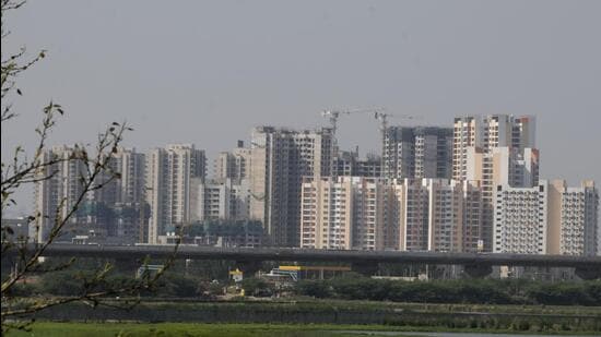 Gurugram, India-March 27, 2023: A view of the under constriction flats at Dwarka expressway way near sector-104; all other six major markets in the country witnessed rise in housing sales from three percent to 19 percent. As per a report released by Anarock NCR is the only city to see a decline (of 9%) in housing sales among all cities – from 18,835 units in first quarter of 2022 to nearly 17,160 units in first quarter of 2023, in Gurugram, India, on Monday, 27 March 2023. (Photo by Parveen Kumar/Hindustan Times)(Pic to go with Abhishek's story)