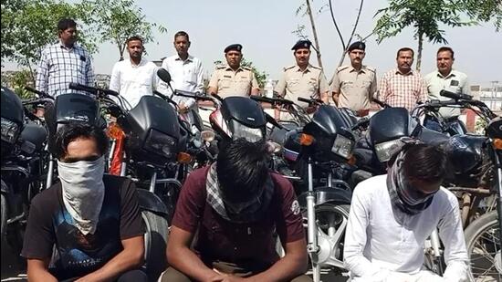 The members of the Bike lifters’ gang in police custody in Karnal. (HT Photo)
