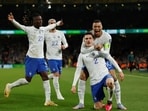 France's Benjamin Pavard celebrates scoring their first goal with Kylian Mbappe, Eduardo Camavinga and Theo Hernandez