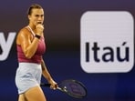 Aryna Sabalenka reacts after winning a point against Barbora Krejcikova 