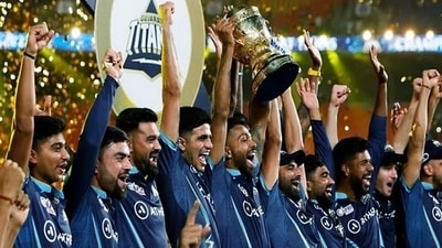 Gujarat Titans squad celebrates with the IPL trophy (ANI)