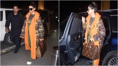 Deepika Padukone in oversized camo-print outfit and no makeup at the airport. (HT PHOTO/Varinder Chawla) Deepika Padukone in oversized camo-print outfit and no makeup at the airport. (HT PHOTO/Varinder Chawla)