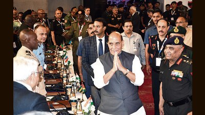 Defence Minister Rajnath Singh during first India - Africa Army Chiefs Conclave on Tuesday. (HT PHOTO) Defence Minister Rajnath Singh during first India - Africa Army Chiefs Conclave on Tuesday. (HT PHOTO)