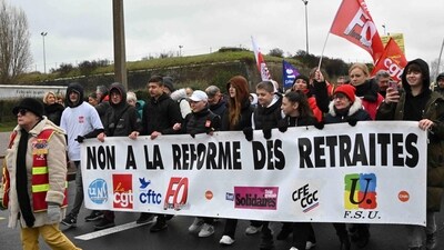 France protests: People hold a banner reading "Pensions reform : no !" during a rally in Dunkirk, northern France. (AFP) France protests: People hold a banner reading "Pensions reform : no !" during a rally in Dunkirk, northern France. (AFP)