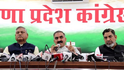 Himachal CM Sukhvinder Singh Sukhu along with senior Congress leaders during a press conference at Haryana Congress Bhawan in Chandigarh on Tuesday. (HT Photo)