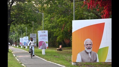 Hoardings set up to welcome G20 delegates ahead of the second Agriculture Deputies Meetings in Chandigarh. (Ravi Kumar/HT)