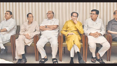 Mumbai, India - November 26, 2019: Shiv Sena chief Uddhav Thackeray and NCP chief Sharad Pawar during meeting of Shiv Sena , NCP and Congress alliance at Trident hotel, BKC in Mumbai, India, on Tuesday, November 26, 2019. (HT PHOTO) Mumbai, India - November 26, 2019: Shiv Sena chief Uddhav Thackeray and NCP chief Sharad Pawar during meeting of Shiv Sena , NCP and Congress alliance at Trident hotel, BKC in Mumbai, India, on Tuesday, November 26, 2019. (HT PHOTO)
