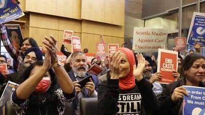 Seattle: People react to the passing of an ordinance to add caste to Seattle’s anti-discrimination laws. Seattle: People react to the passing of an ordinance to add caste to Seattle’s anti-discrimination laws.