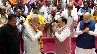Prime Minister Narendra Modi, BJP president J P Nadda, Union home minister Amit Shah and Union minister Nitin Gadkari at the BJP Parliamentary Party meeting in New Delhi on Tuesday. (PTI) Prime Minister Narendra Modi, BJP president J P Nadda, Union home minister Amit Shah and Union minister Nitin Gadkari at the BJP Parliamentary Party meeting in New Delhi on Tuesday. (PTI)
