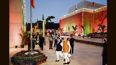 Prime Minister Narendra Modi and BJP President J P Nadda at BJP headquarters in New Delhi on Tuesday. (Sanjeev Verma/HT Photo)