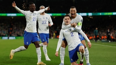 France's Benjamin Pavard celebrates scoring their first goal with Kylian Mbappe, Eduardo Camavinga and Theo Hernandez (REUTERS)