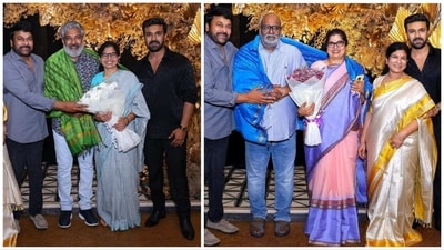Chiranjeevi has shared pictures from Ram Charan's birthday bash. Chiranjeevi has shared pictures from Ram Charan's birthday bash.
