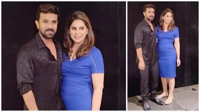 Ram Charan and Upasana Konidela posed together at his birthday party on Monday. (Viral Bhayani) Ram Charan and Upasana Konidela posed together at his birthday party on Monday. (Viral Bhayani)