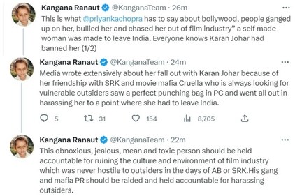 Kangana Ranaut has come out in support of Priyanka Chopra on Twitter.