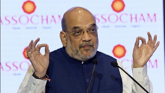 Union home minister Amit Shah on Tuesday that said Jammu and Kashmir’s policies and law and order situation are worthy of making investment and asked industrialists to pay attention to it. (ANI Photo)