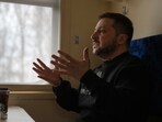 Ukrainian President Volodymyr Zelenskyy gestures as he speaks during an interview with Julie Pace, senior vice president and executive editor of The Associated Press, on a train traveling from the Sumy region to Kyiv, Ukraine, Tuesday March 28, 2023. AP/PTI(AP03_29_2023_000022B)