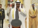Emirati leader Sheikh Mohammed bin Zayed Al Nahyan gestures toward an honor guard at Qasar Al Watan in Abu Dhabi, United Arab Emirates. Emirati leader Sheikh Mohammed bin Zayed Al Nahyan gestures toward an honor guard at Qasar Al Watan in Abu Dhabi, United Arab Emirates.