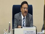 Chief election commissioner Rajiv Kumar addresses a press conference in New Delhi.