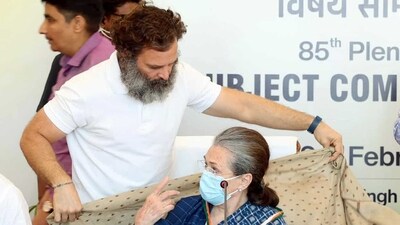 Congress Parliamentary Party (CPP) chairperson Sonia Gandhi with her son and party leader Rahul Gandhi during the 85th Plenary Session in Raipur. (ANI) Congress Parliamentary Party (CPP) chairperson Sonia Gandhi with her son and party leader Rahul Gandhi during the 85th Plenary Session in Raipur. (ANI)
