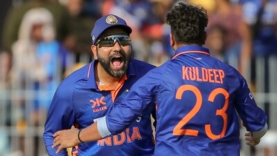 Kuldeep Yadav and Rohit Sharma celebrate after the spinner picked a wicket (ANI) Kuldeep Yadav and Rohit Sharma celebrate after the spinner picked a wicket (ANI)