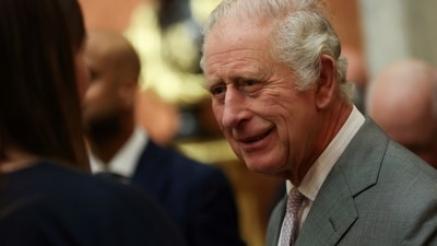 King Charles: Britain's King Charles III is seen speaking to guests during a reception. (Reuters)