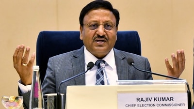 Chief Election Commissioner Rajiv Kumar addresses a press conference in New Delhi on Wednesday. (ANI)