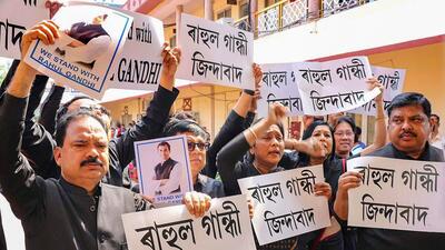 Congress’s Assam legislators protesting against Rahul Gandhi’s disqualification. (PTI) Congress’s Assam legislators protesting against Rahul Gandhi’s disqualification. (PTI)