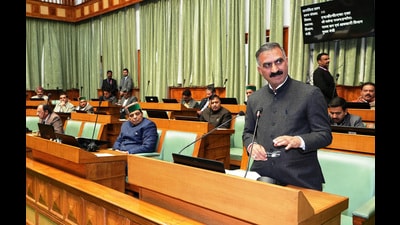 Himachal Pradesh chief minister Sukhvinder Singh Sukhu addressing the assembly in Shimla on Wednesday. (HT Photo)