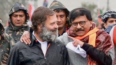 Congress leader Rahul Gandhi with Shiv Sena (Uddhav Thackeray faction) MP Sanjay Raut. (PTI) Congress leader Rahul Gandhi with Shiv Sena (Uddhav Thackeray faction) MP Sanjay Raut. (PTI)