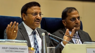 Chief election commissioner Rajiv Kumar speaks during a press conference for the announcement of the schedule of Karnataka assembly elections in New Delhi on Wednesday, (PTI) Chief election commissioner Rajiv Kumar speaks during a press conference for the announcement of the schedule of Karnataka assembly elections in New Delhi on Wednesday, (PTI)