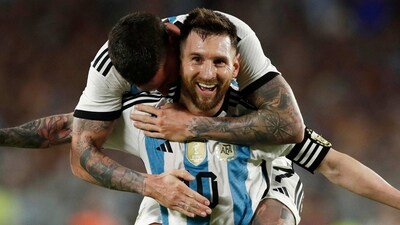 Argentina's Lionel Messi celebrates with Rodrigo De Paul after scoring their second goal (REUTERS)