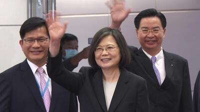 Taiwan's Presidential office secretary general Lin Chia-lung, left, President Tsai Ing-wen, center, and Foreign Minister Joseph Wu wave before Tsai's departure on an overseas trip at Taoyuan International Airport in Taipei. (AP) Taiwan's Presidential office secretary general Lin Chia-lung, left, President Tsai Ing-wen, center, and Foreign Minister Joseph Wu wave before Tsai's departure on an overseas trip at Taoyuan International Airport in Taipei. (AP)