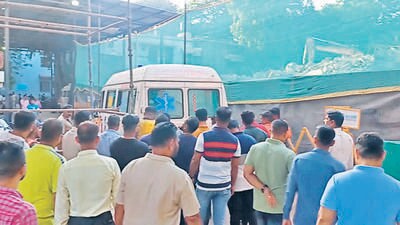 Thane, India - March 29, 2023: Dead body of bodyguard Vaibhav Kadam brought to Thane Civil Hospital after he committed suicide by local train, India, on Wednesday, March 29, 2023. (Praful Gangurde/HT Photo) (HT PHOTO) Thane, India - March 29, 2023: Dead body of bodyguard Vaibhav Kadam brought to Thane Civil Hospital after he committed suicide by local train, India, on Wednesday, March 29, 2023. (Praful Gangurde/HT Photo) (HT PHOTO)