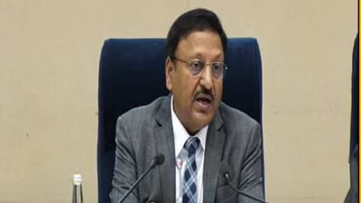 Chief election commissioner Rajiv Kumar addresses a press conference in New Delhi.